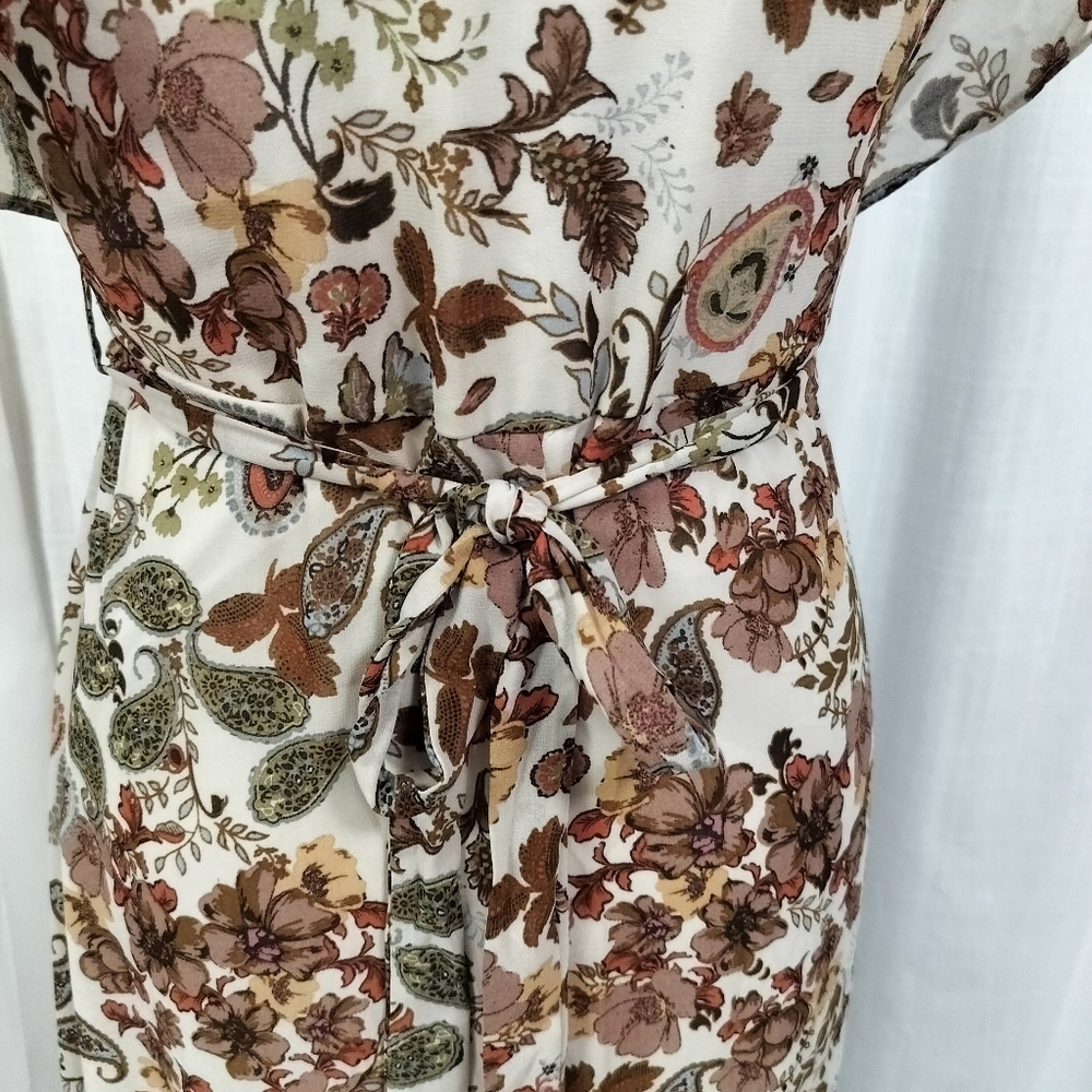 Antropologie Drew Brown Paisley Floral Wrap Dress Size M Flutter‎ Sleeves Hi Lo - Picture 6 of 16